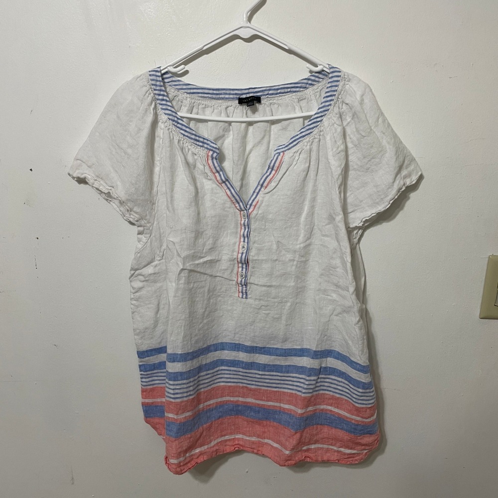 Talbots Womens XL White Linen‎ Striped Henley Blouse Short Sleeve Coastal Top